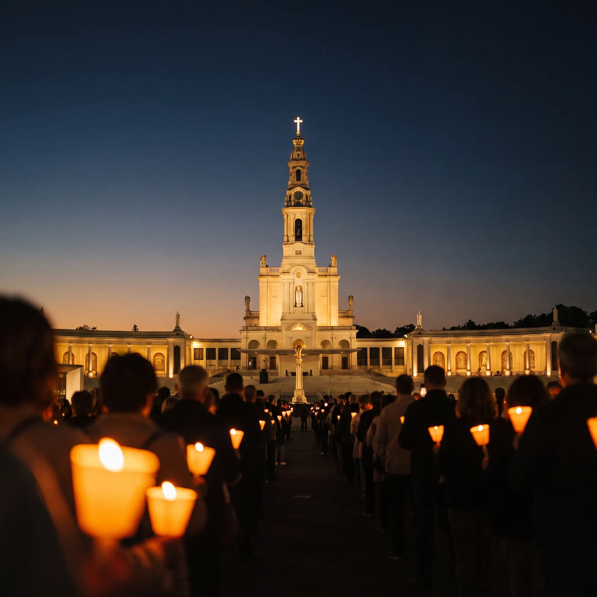 Procesja ze świecami o zmierzchu przed rozświetloną bazyliką sanktuarium maryjnego, pielgrzymi widziani od tyłu trzymają płonące świece